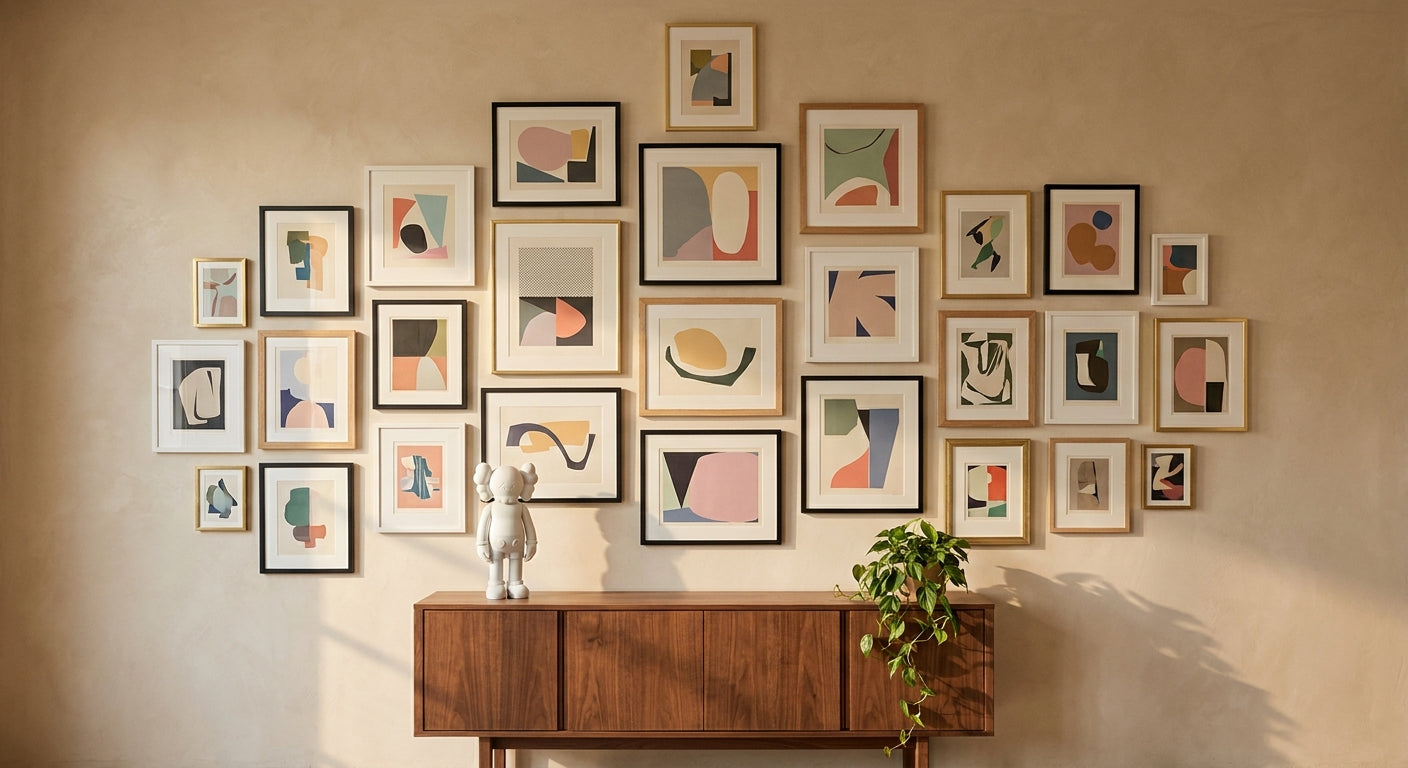 Salon-style gallery wall of framed abstract art prints in mixed frames above a walnut console