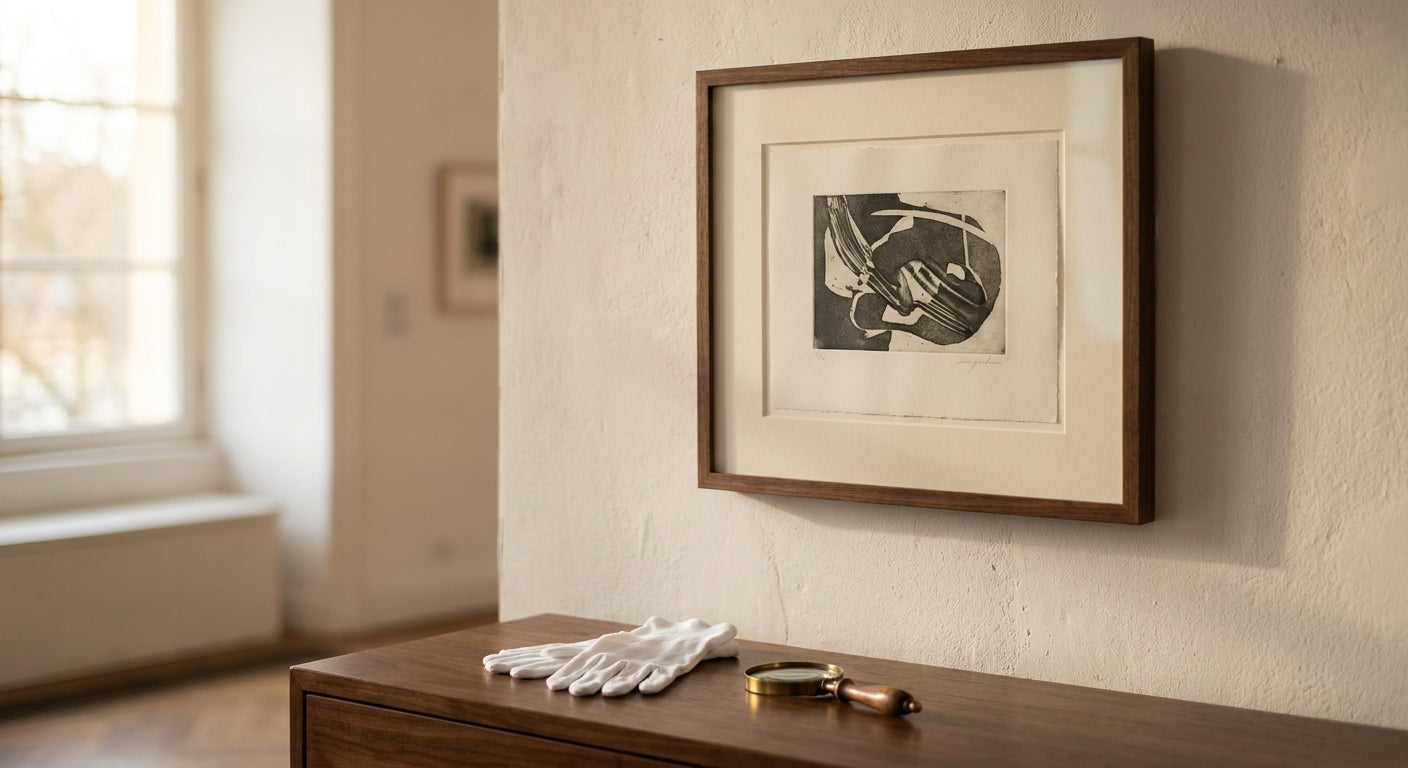 Framed hand-signed fine-art print with a pencil signature in the margin, beside curator gloves and a brass magnifier in an elegant gallery setting