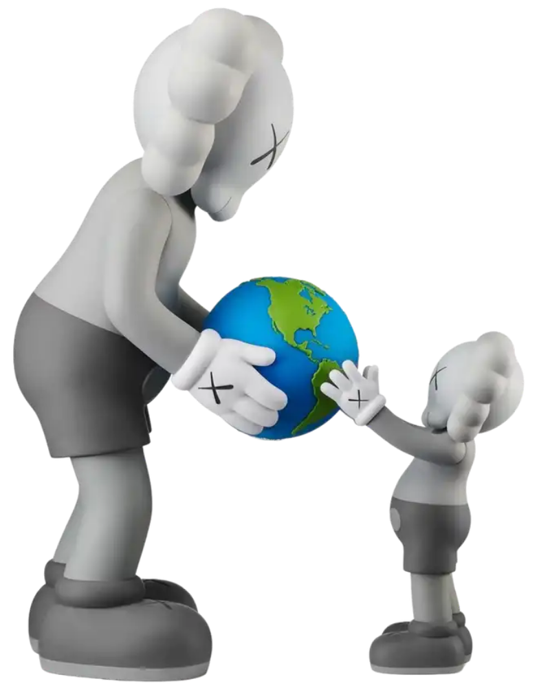 KAWS The Promise — Companion passing a globe to a child