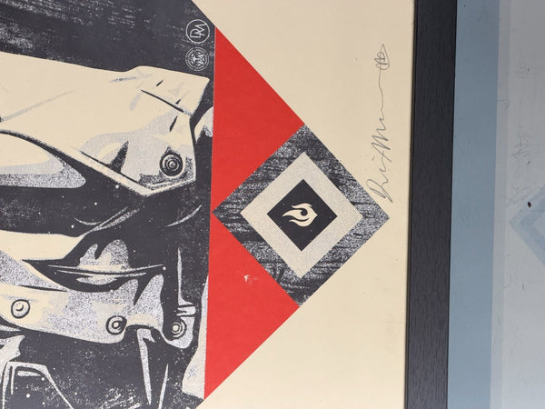 Catch a Fire (Red) — Dennis Morris x Fairey, framed 58/200, dual-signed detail