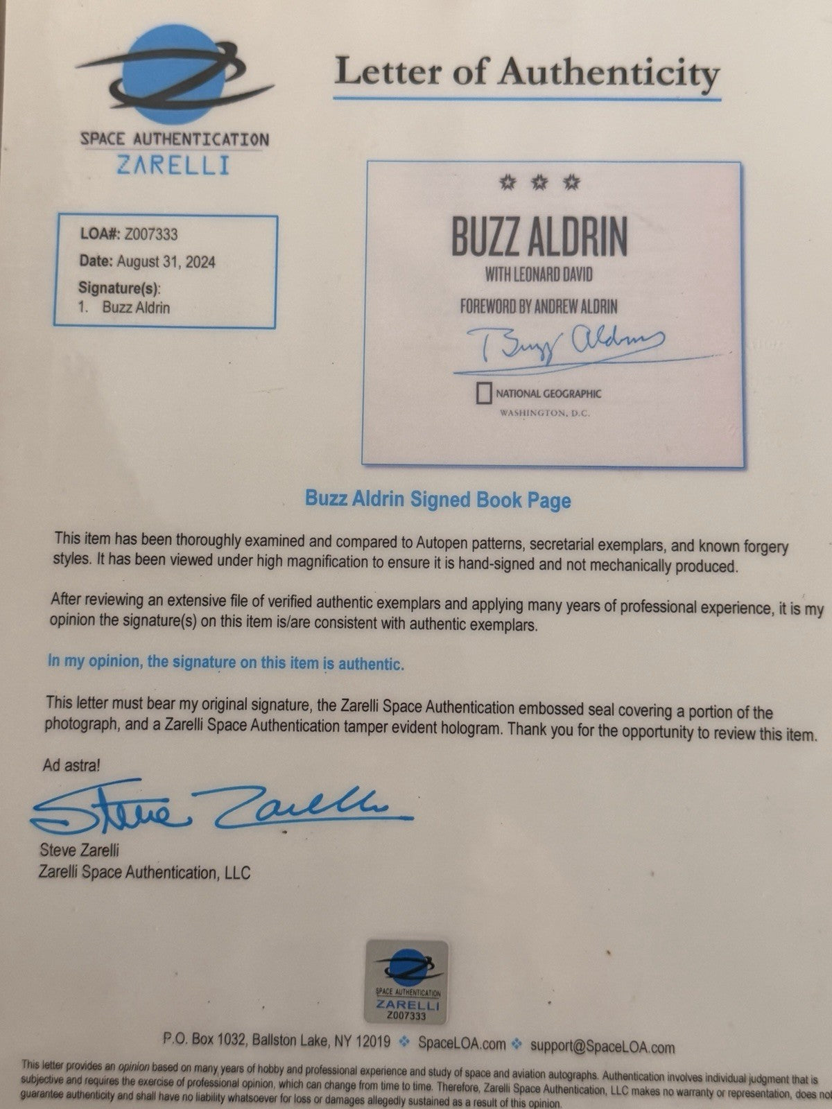 BUZZ ALDRIN APOLLO 11  NASA FRAMED AUTOGRAPH - ZARELLI SPACE COA