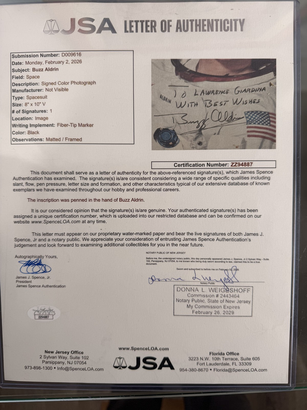 Buzz Aldrin Signed NASA 8x10 Color Photo Personalized Framed JSA LOA