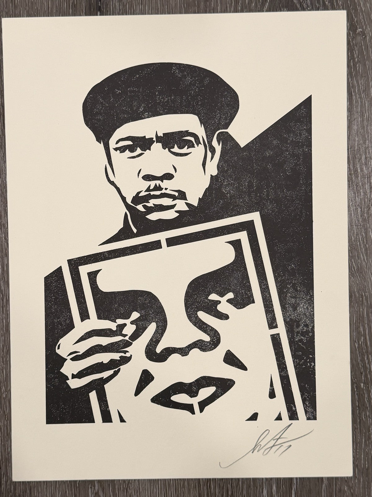 Shepard Fairey Signed OBEY Print 2017 Man in Beret Holding OBEY Icon Street Art