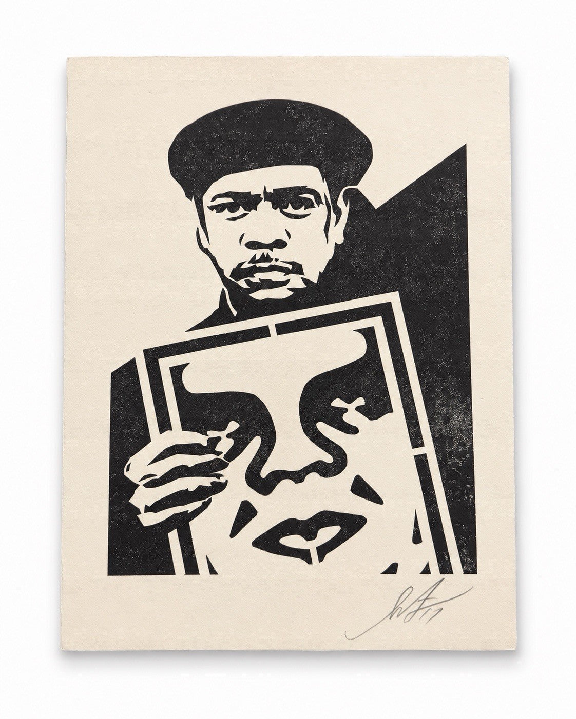Shepard Fairey Signed OBEY Print 2017 Man in Beret Holding OBEY Icon Sign