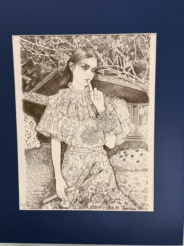 Framed Black & White Floral Figure Art Print Marked #28 Signed as Pictured