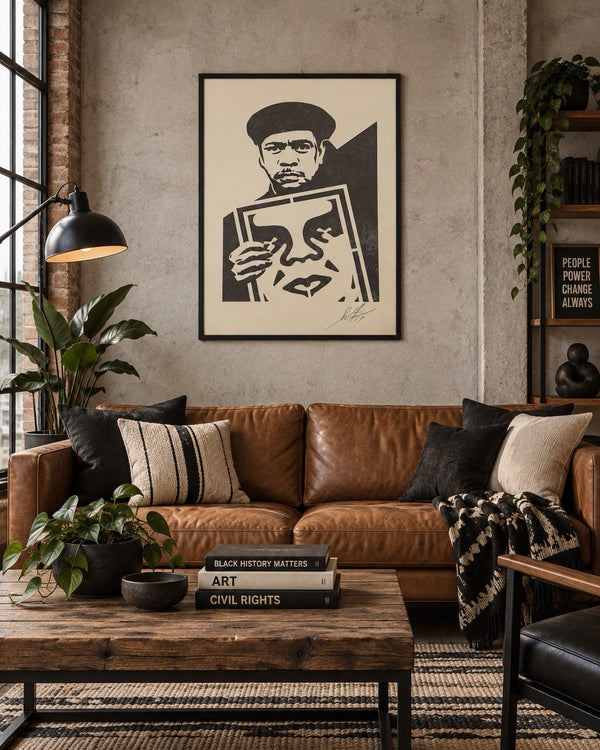 Shepard Fairey Signed OBEY Print 2017 Man in Beret Holding OBEY Icon Sign