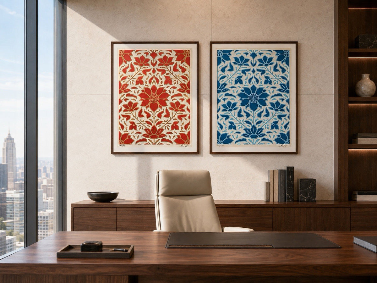 Shepard Fairey OBEY Deco Floral Pattern Red Blue Matching Set 118/275 Signed