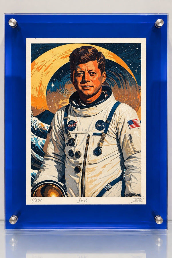DEATH NYC JFK Astronaut NASA Pop Art Print Signed 1/250 Blue Acrylic Frame 16x12