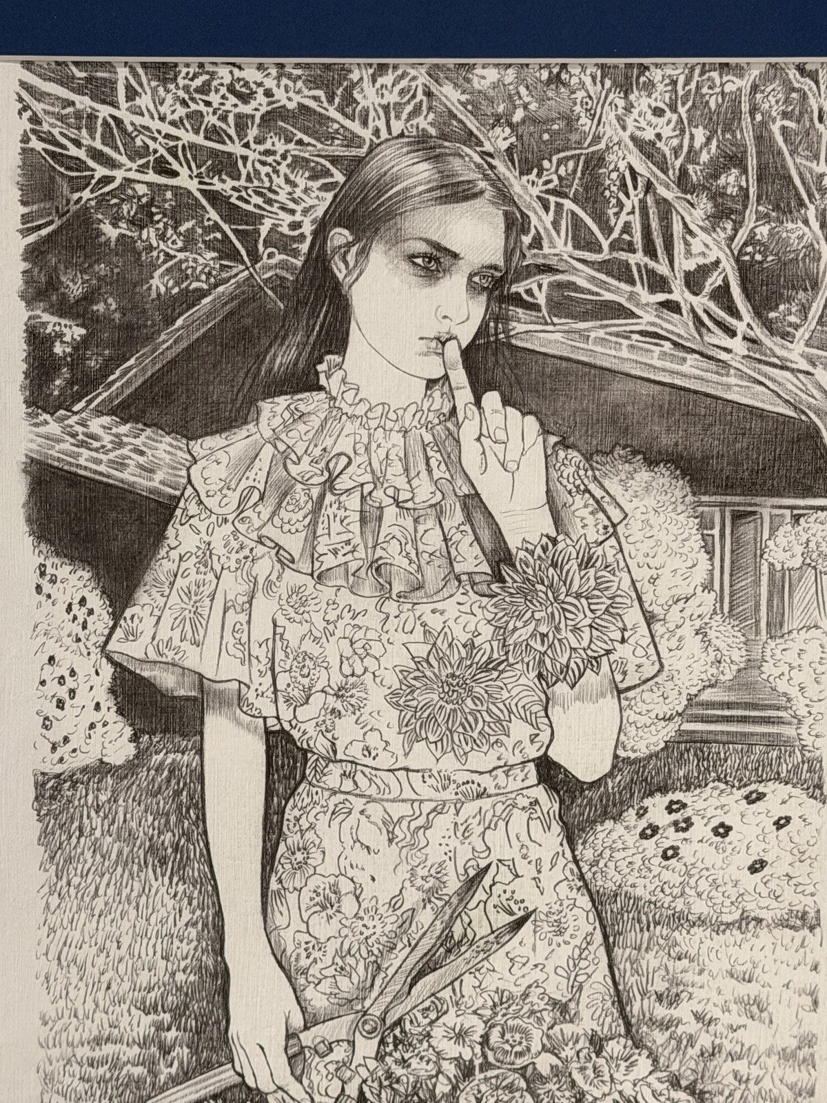 Framed Black & White Floral Figure Art Print Marked #28 Signed as Pictured