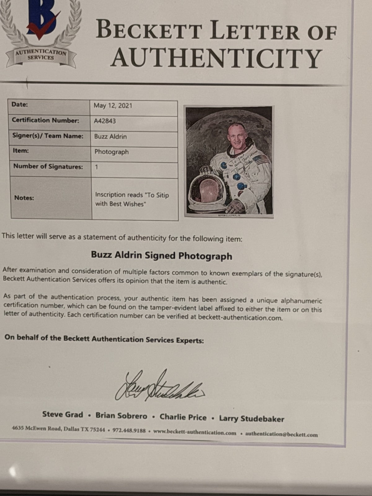 Buzz Aldrin Signed Inscribed Astronaut Photo Framed Beckett LOA A42843