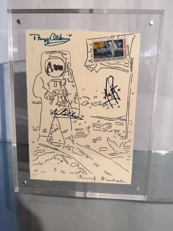 After Andy Warhol Moon Landing Line Drawing 5/50 w/ Astronaut Autographs As-Is