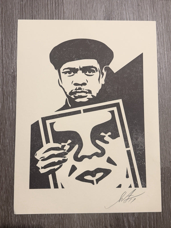 Shepard Fairey Signed OBEY Print 2017 Man in Beret Holding OBEY Icon Sign