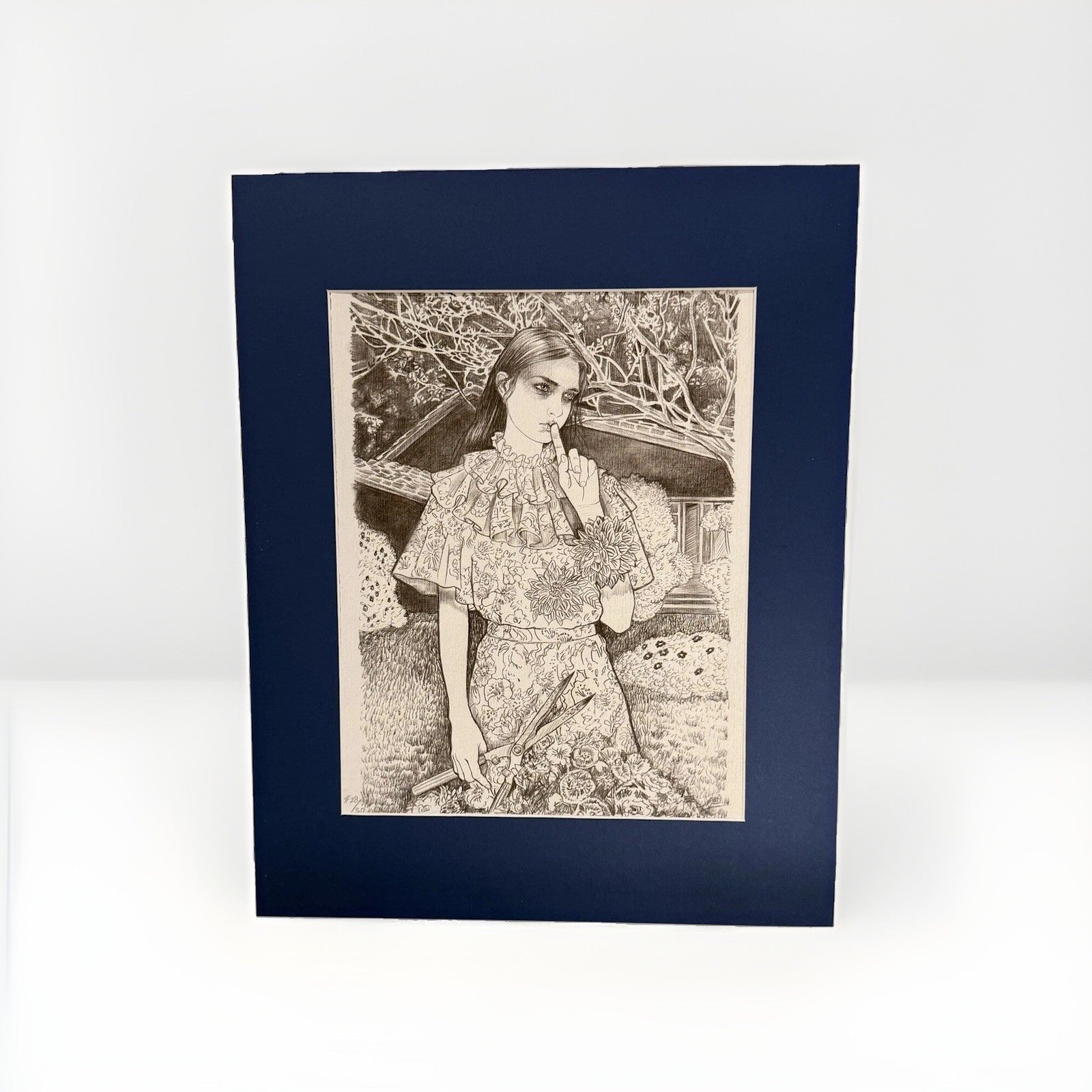 Framed Black & White Floral Figure Art Print Marked #28 Signed as Pictured