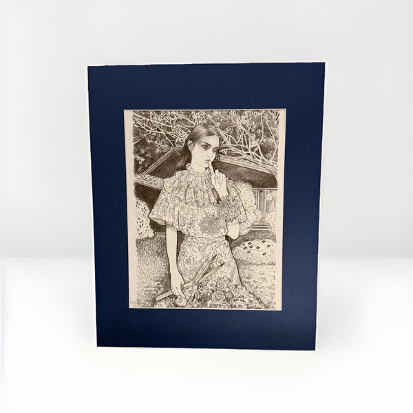 Framed Black & White Floral Figure Art Print Marked #28 Signed as Pictured