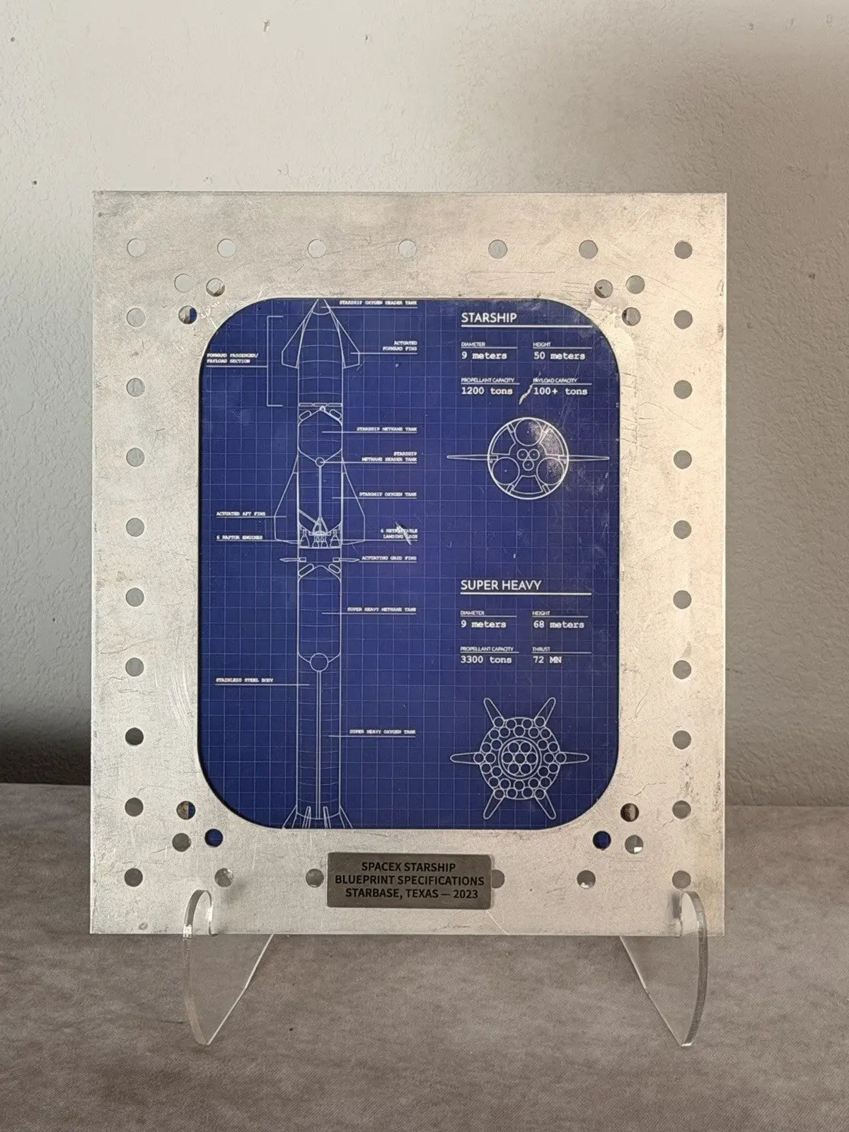 SpaceX Starship Blueprint Metal Display Panel - Starbase Texas 2023, 11x14