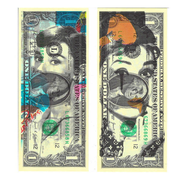 Death NYC Audrey Hepburn Dollar Bill Art Set of 2 Signed Numbered COA