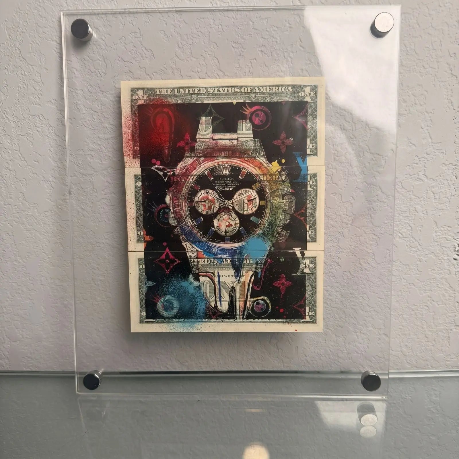 Death NYC 1/1 Rolex Daytona Mixed Media on $1 Bills with COA, Framed Art