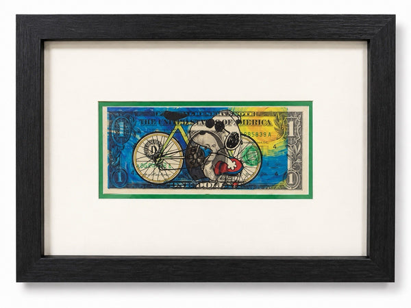 DEATH NYC Signed $1 Dollar Bill Art Bicycle Mixed Media Pop Art Framed 12x9