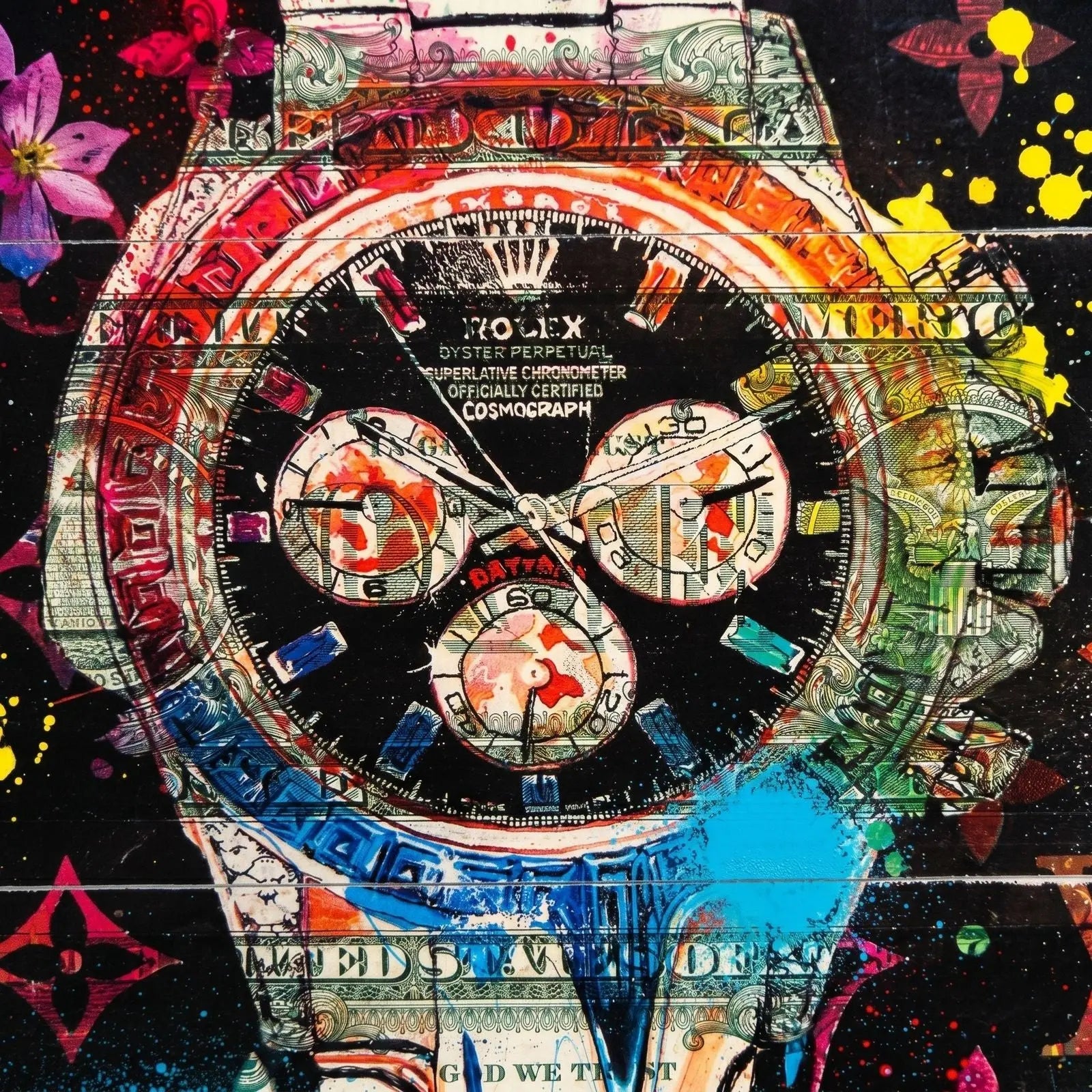 Death NYC 1/1 Rolex Daytona Mixed Media on $1 Bills with COA, Framed Art