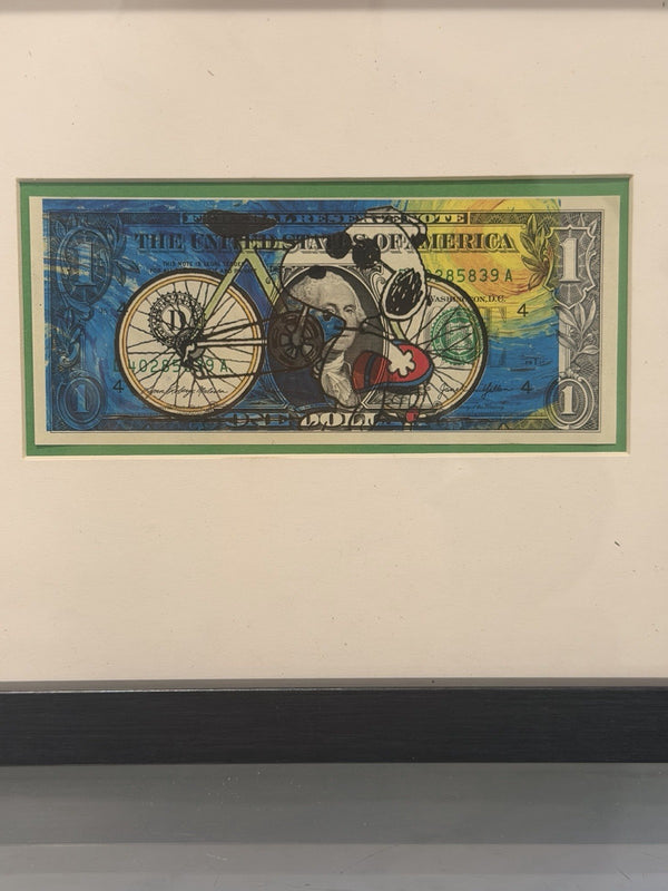 DEATH NYC Signed $1 Dollar Bill Art Bicycle Mixed Media Pop Art Framed 12x9