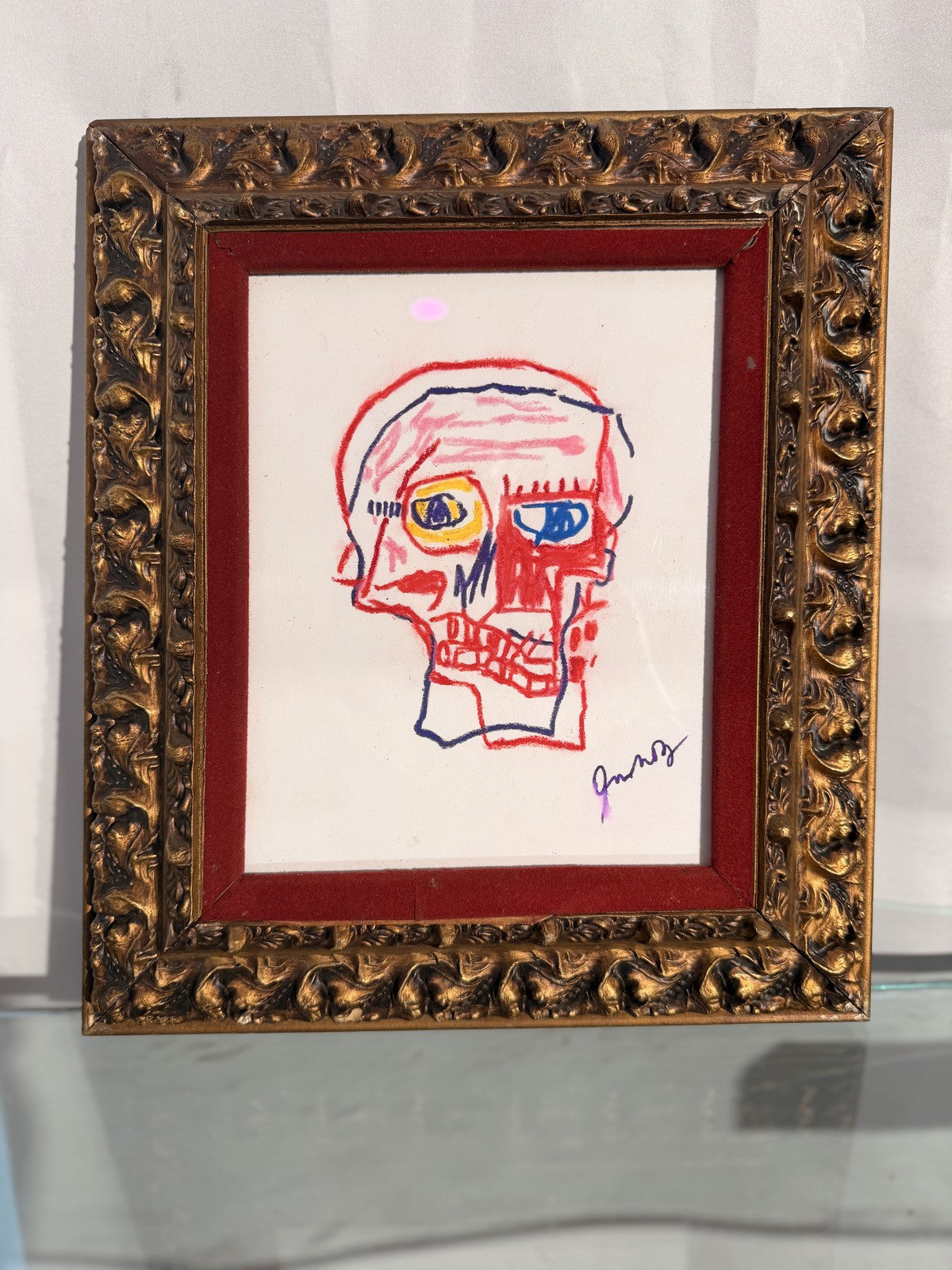 Oilstick Skull Drawing Manner of Basquiat Signed Antique Gold Frame Red Velvet