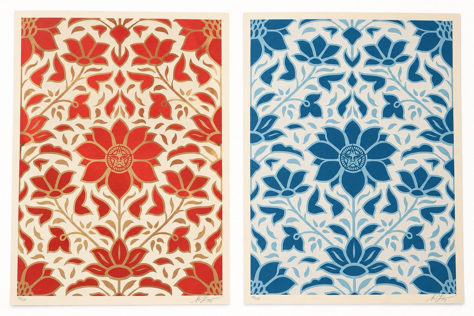 Shepard Fairey OBEY Deco Floral Pattern Red Blue Matching Set 118/275 Signed