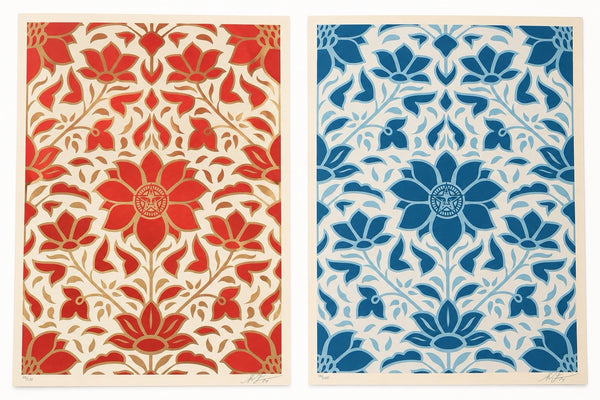 Shepard Fairey OBEY Deco Floral Pattern Red Blue Matching Set 118/275 Signed