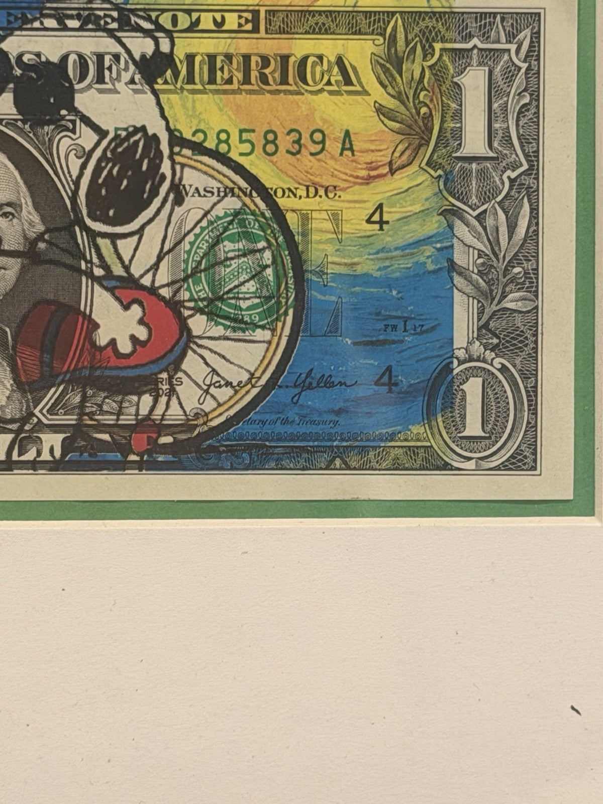 DEATH NYC Signed $1 Dollar Bill Art Bicycle Mixed Media Pop Art Framed 12x9