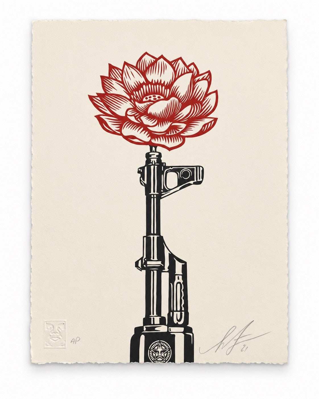 Shepard Fairey AK-47 Lotus Letterpress AP Signed 2021 10x13 Obey Giant Print