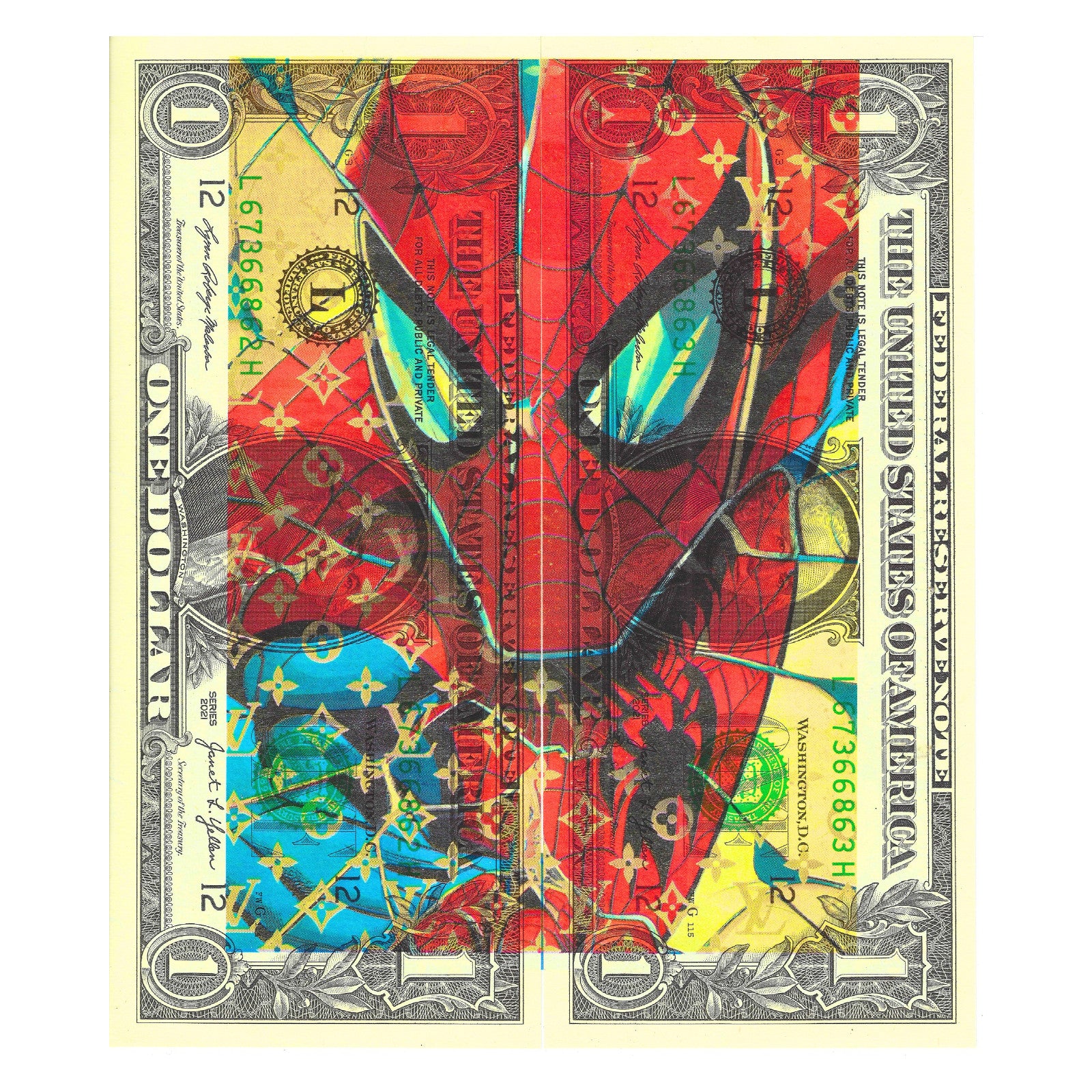 Death NYC Spider-Man LV Dollar Bill Art Signed Two Bills Unframed — listing photograph 1