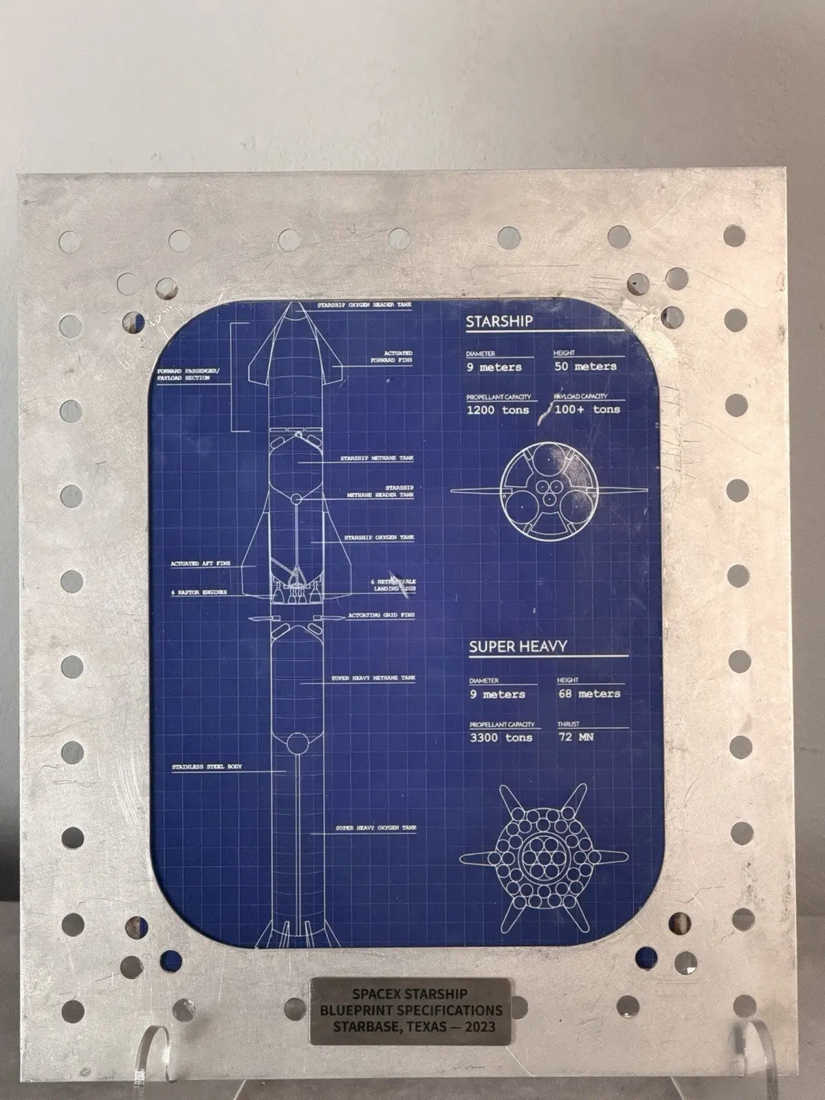 SpaceX Starship Blueprint Metal Display Panel - Starbase Texas 2023, 11x14