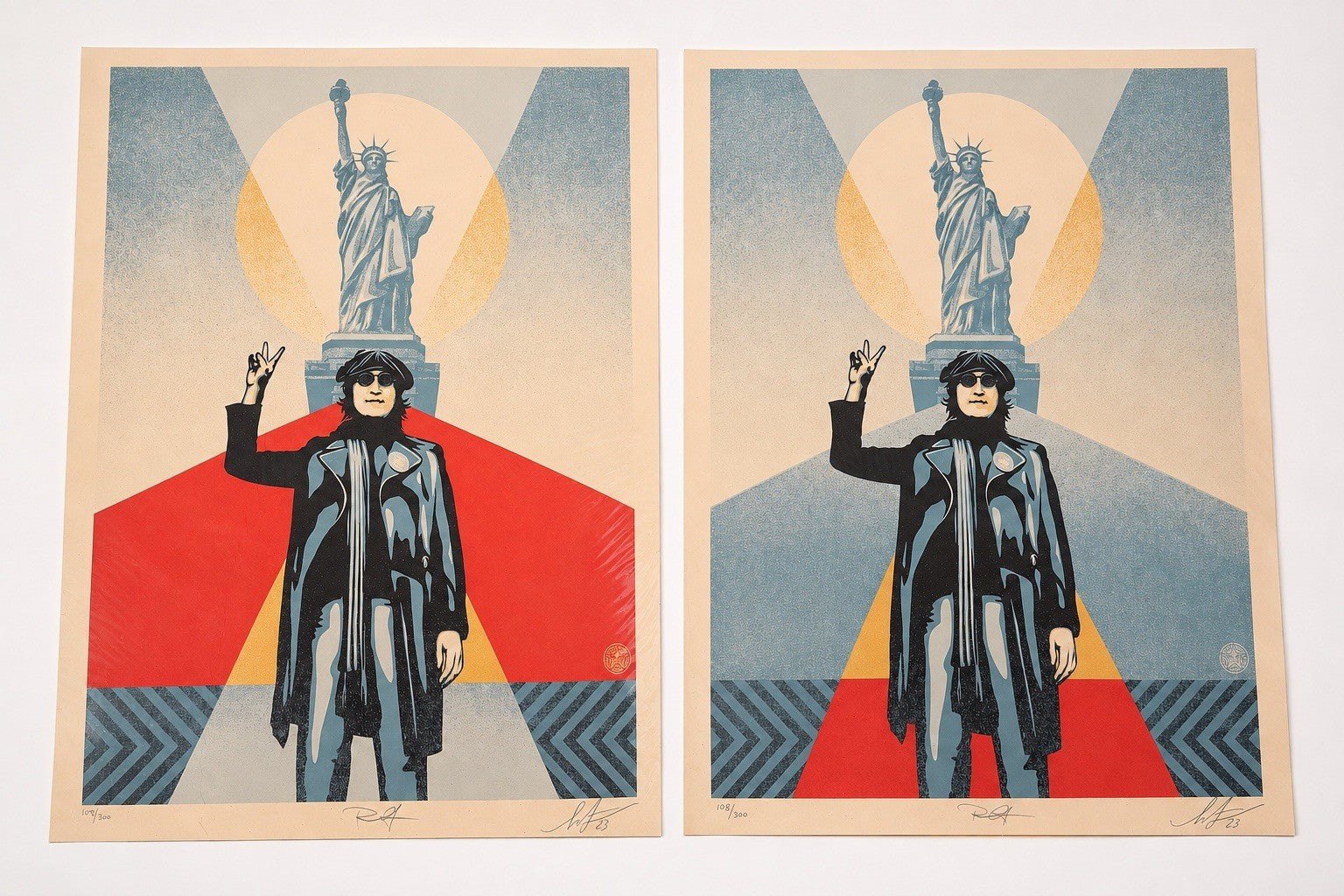 Shepard Fairey Bob Gruen John Lennon Peace Liberty Red Blue Set 108/300 Signed