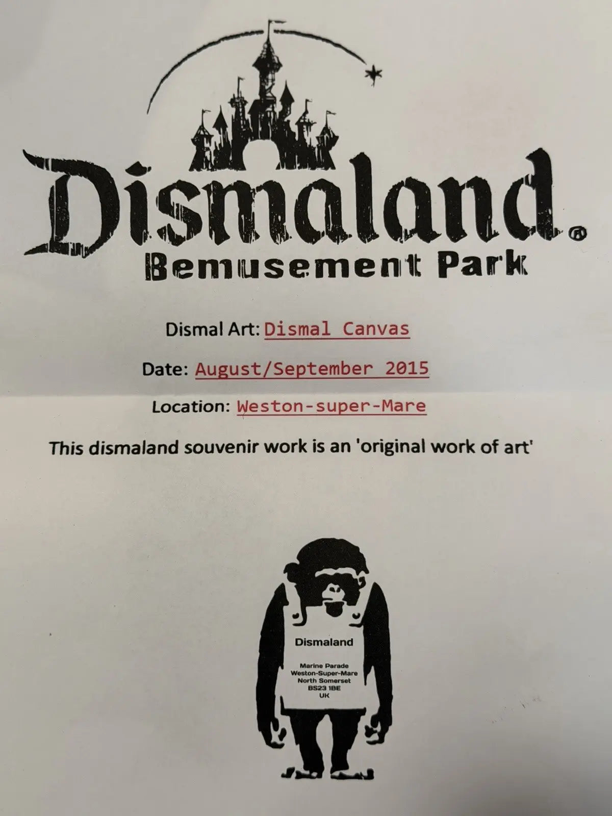 Banksy Dismaland Achieve Greatness 1/10 Signed Stencil Canvas 2015 Ticket