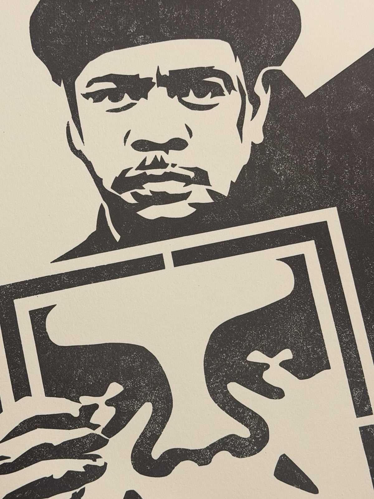 Shepard Fairey Signed OBEY Print 2017 Man in Beret Holding OBEY Icon Sign