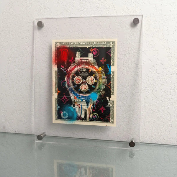 Death NYC 1/1 Rolex Daytona Mixed Media on $1 Bills with COA, Framed Art
