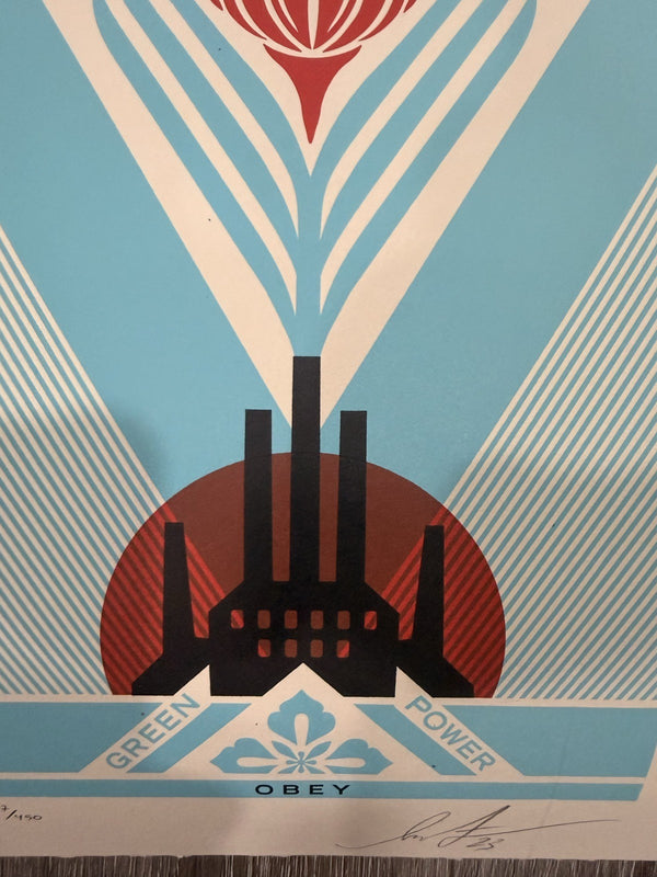 Shepard Fairey Green Power Factory Blue Signed Numbered 177/450 OBEY Print 2023