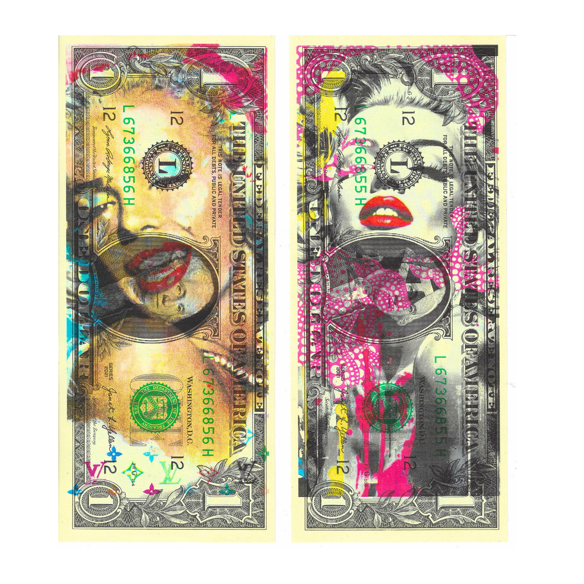 Death NYC Marilyn Monroe Dollar Bill Art Set of 2 Signed Numbered COA Pop Art