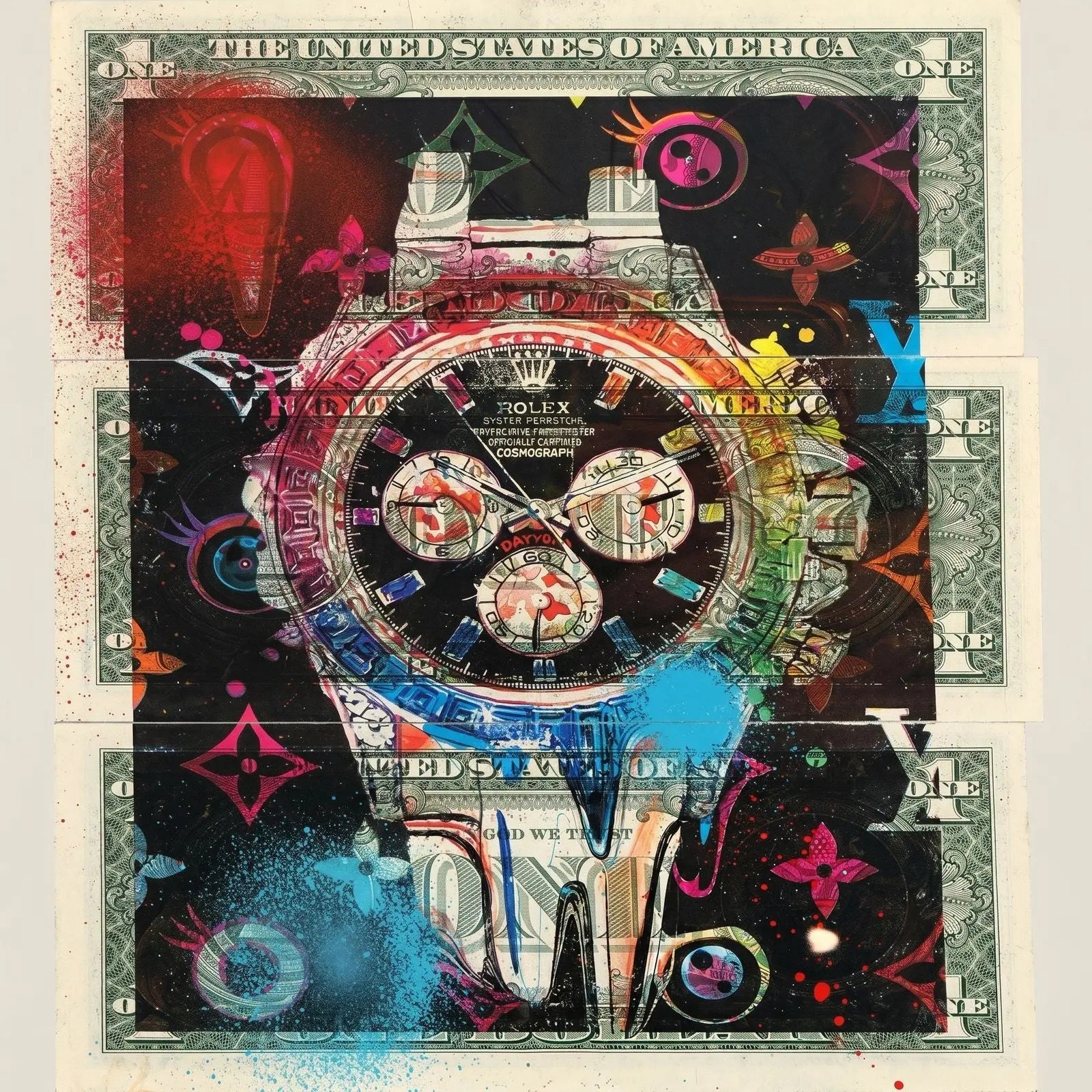 Death NYC 1/1 Rolex Daytona Mixed Media on $1 Bills with COA, Framed Art
