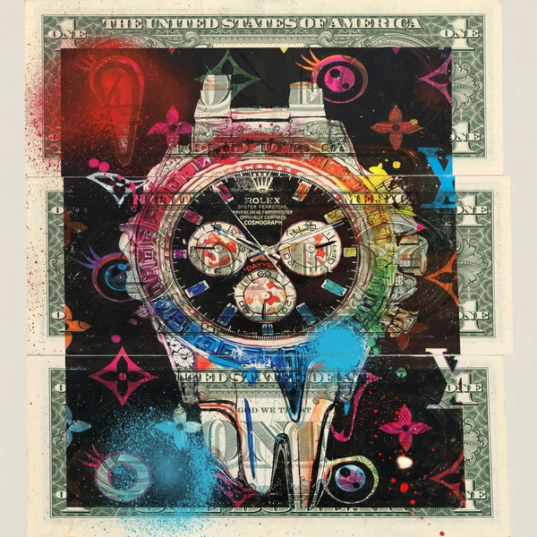 Death NYC 1/1 Rolex Daytona Mixed Media on $1 Bills with COA, Framed Art
