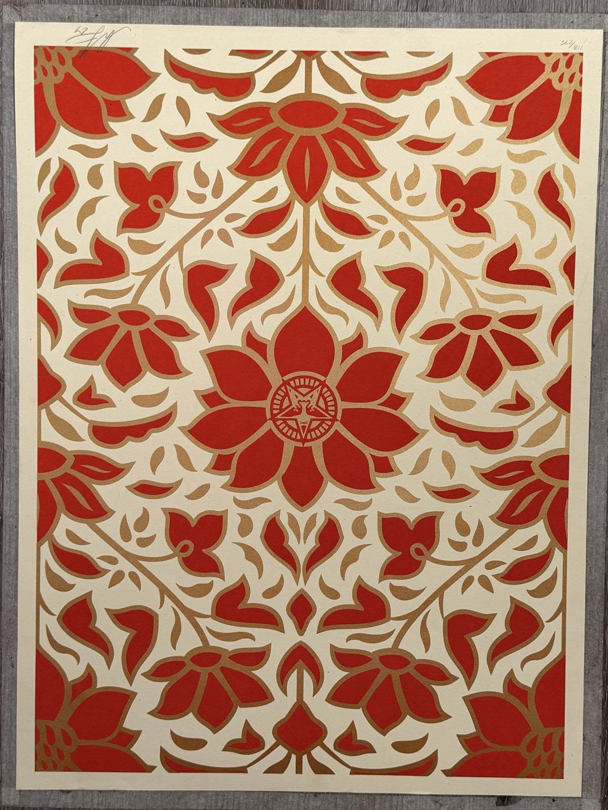 Shepard Fairey Floral Pattern Red Gold Signed Numbered Screen Print Obey Giant