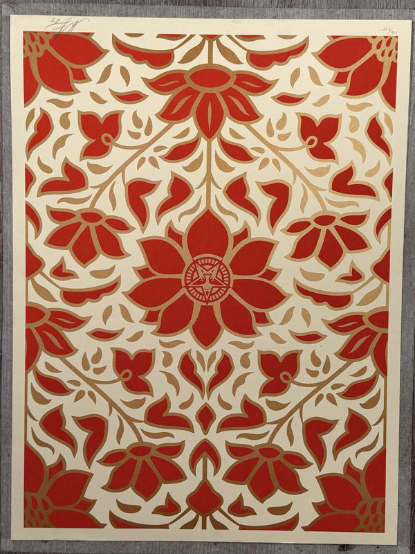 Shepard Fairey Floral Pattern Red Gold Signed Numbered Screen Print Obey Giant