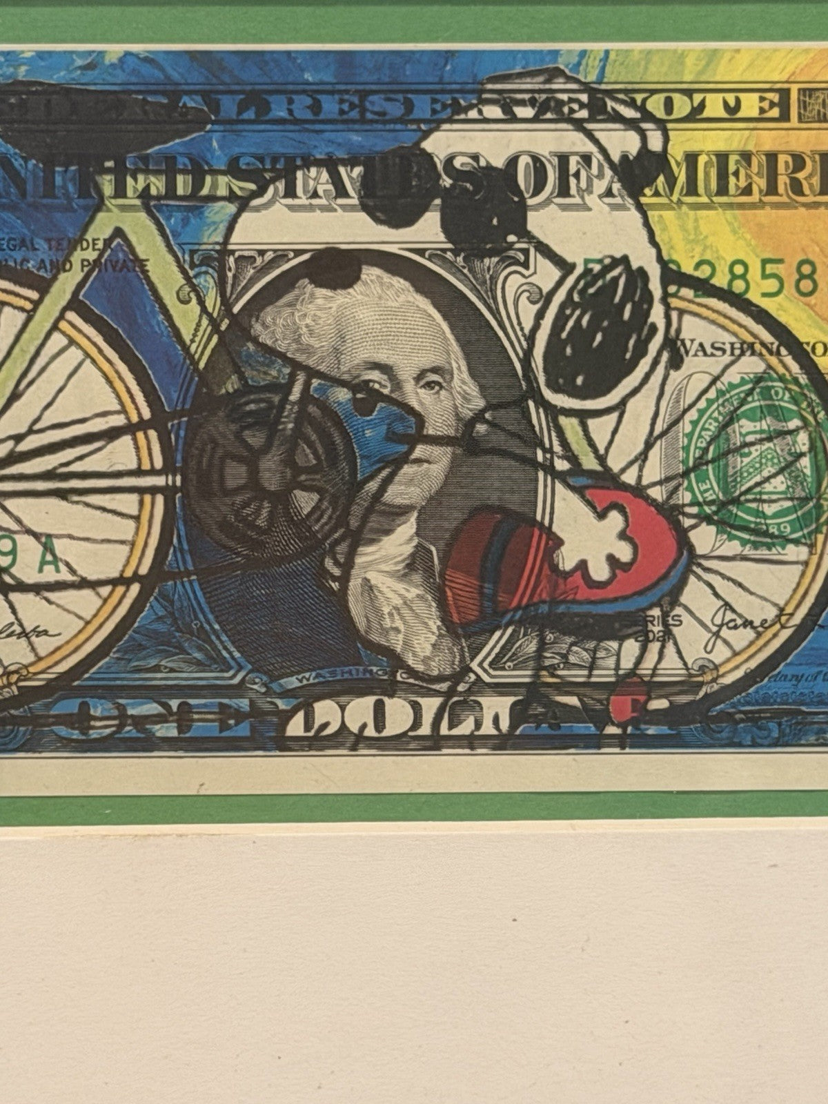 DEATH NYC Signed $1 Dollar Bill Art Bicycle Mixed Media Pop Art Framed 12x9