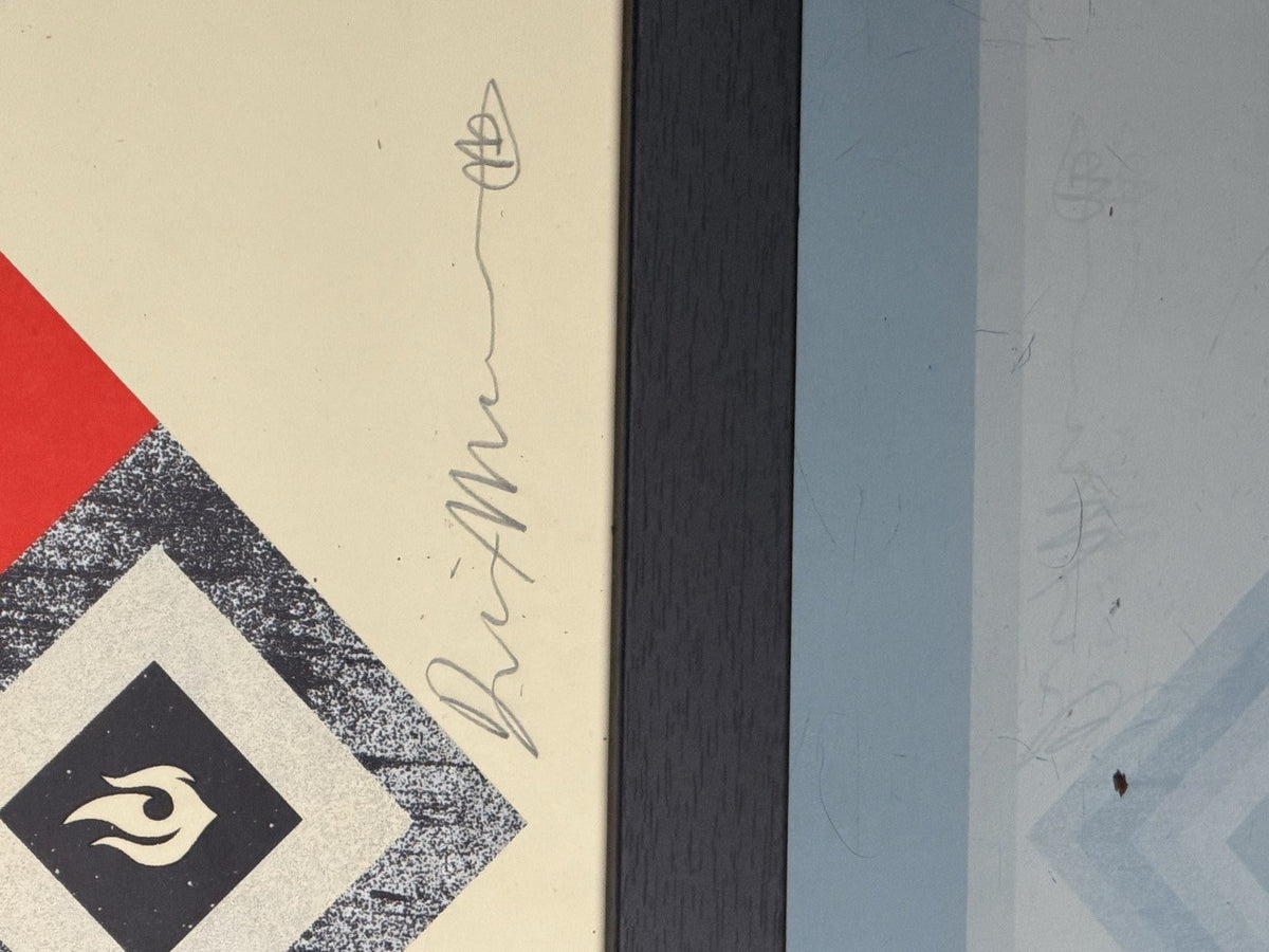 Catch a Fire (Red) — Dennis Morris x Fairey, framed 58/200, dual-signed detail