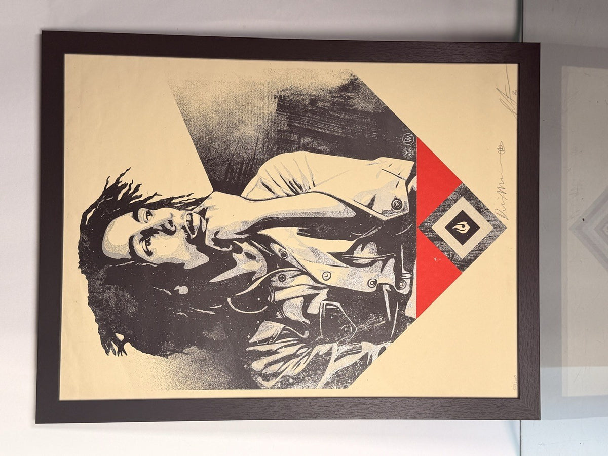 Catch a Fire (Red) — Dennis Morris x Fairey, framed 58/200, dual-signed detail