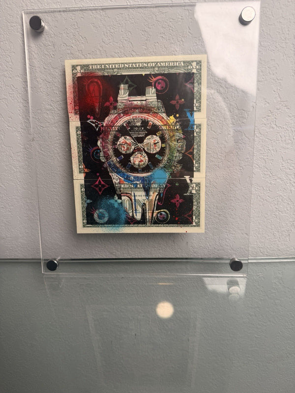 Death NYC — 1/1 Rolex Daytona Mixed Media on $1 Bills, Framed Art - Gauntlet Gallery