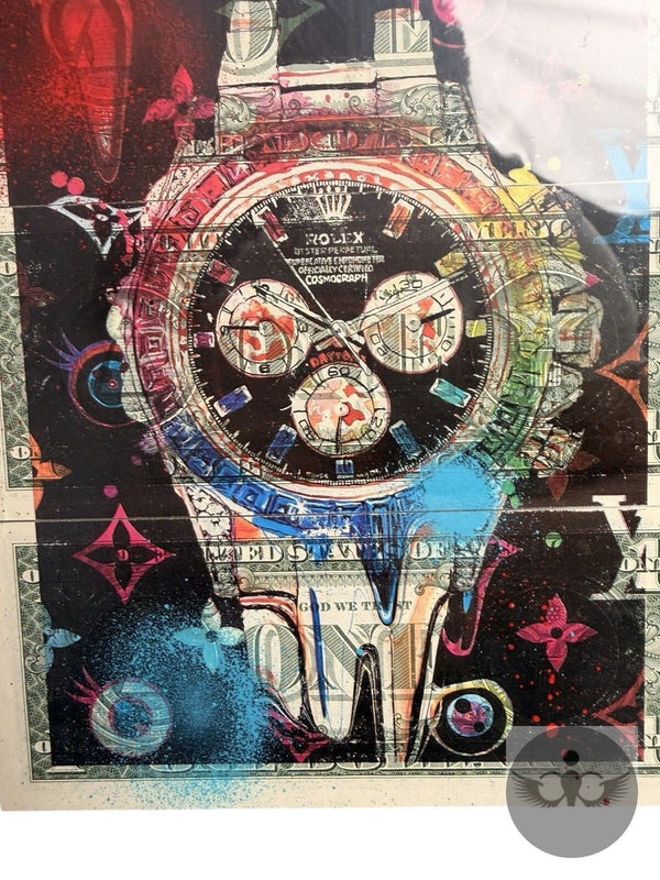 Death NYC — 1/1 Rolex Daytona Mixed Media on $1 Bills, Framed Art - Gauntlet Gallery