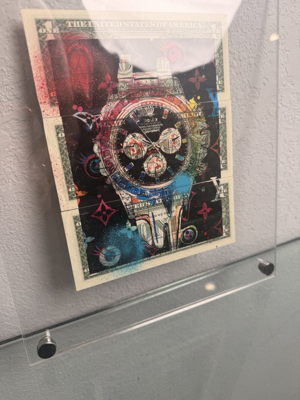 Death NYC — 1/1 Rolex Daytona Mixed Media on $1 Bills, Framed Art - Gauntlet Gallery
