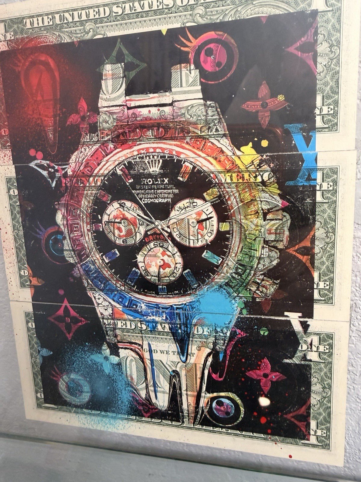 Death NYC — 1/1 Rolex Daytona Mixed Media on $1 Bills, Framed Art - Gauntlet Gallery