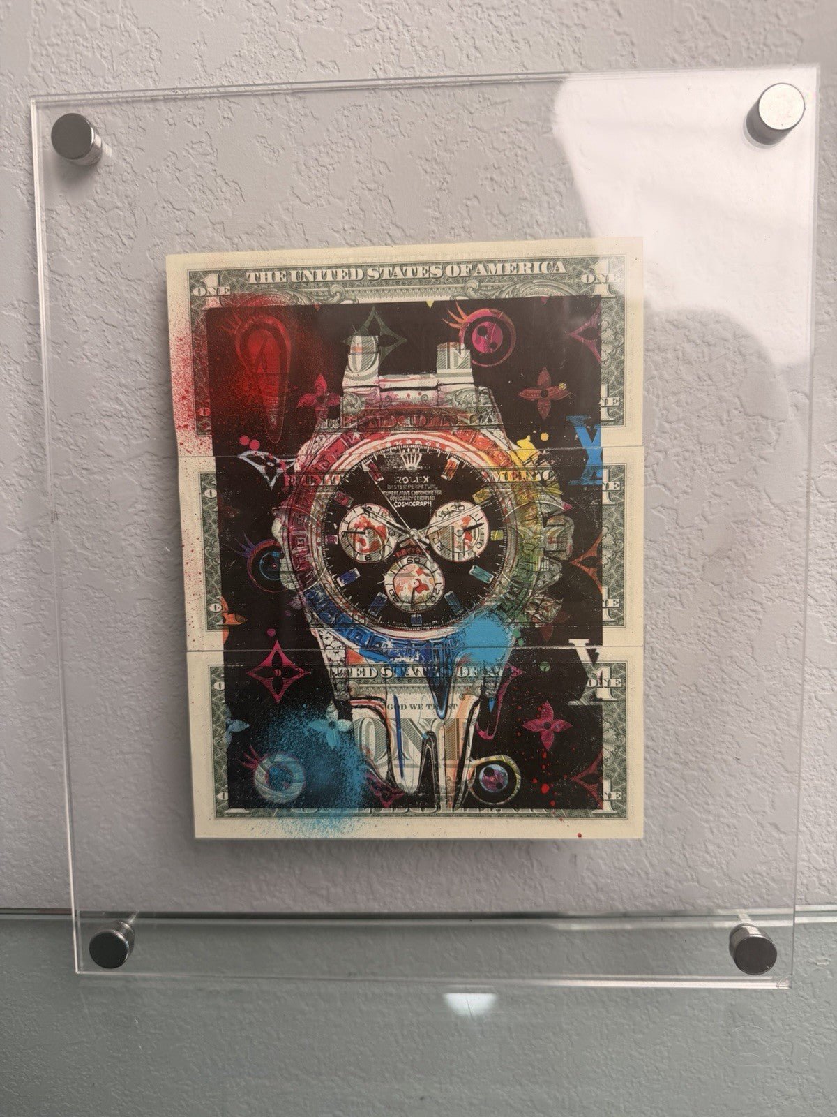 Death NYC — 1/1 Rolex Daytona Mixed Media on $1 Bills, Framed Art - Gauntlet Gallery