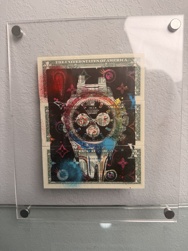 Death NYC — 1/1 Rolex Daytona Mixed Media on $1 Bills, Framed Art - Gauntlet Gallery